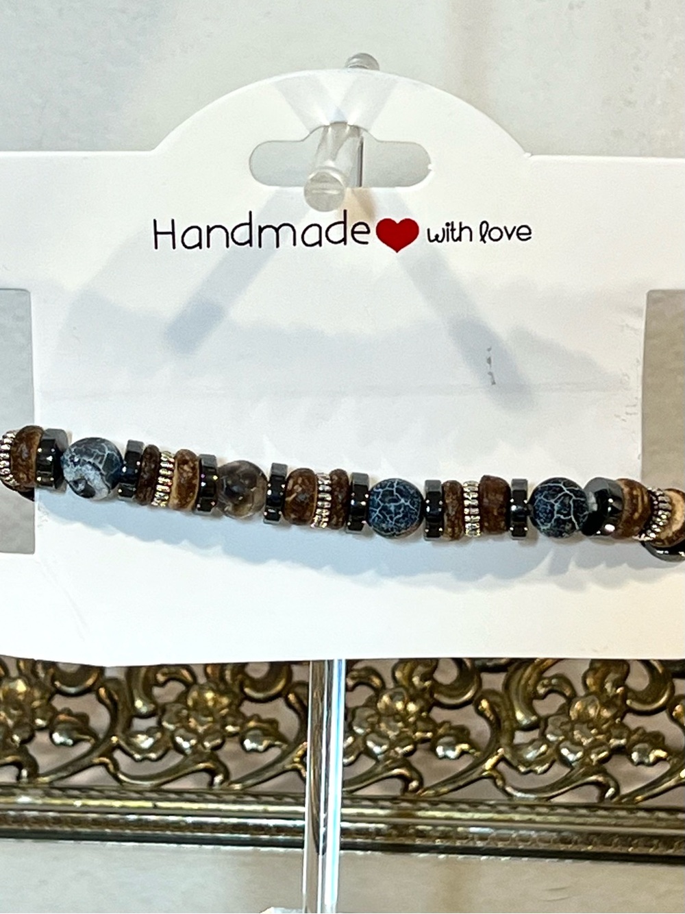 NEW Blue Speckled Natural Stone Hematite Beaded Unisex Stretch Bracelet